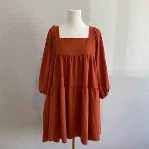 Puffed Sleeve Backless Lace Up Babydoll Mini Dress - Burnt Orange - Size M